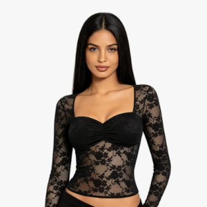 SANNIDHI® Womens Sheer Mesh Tops Floral Lace Long Sleeve Shirts Low Cut Slim Fitted Outfits See Through Going Out Blouses